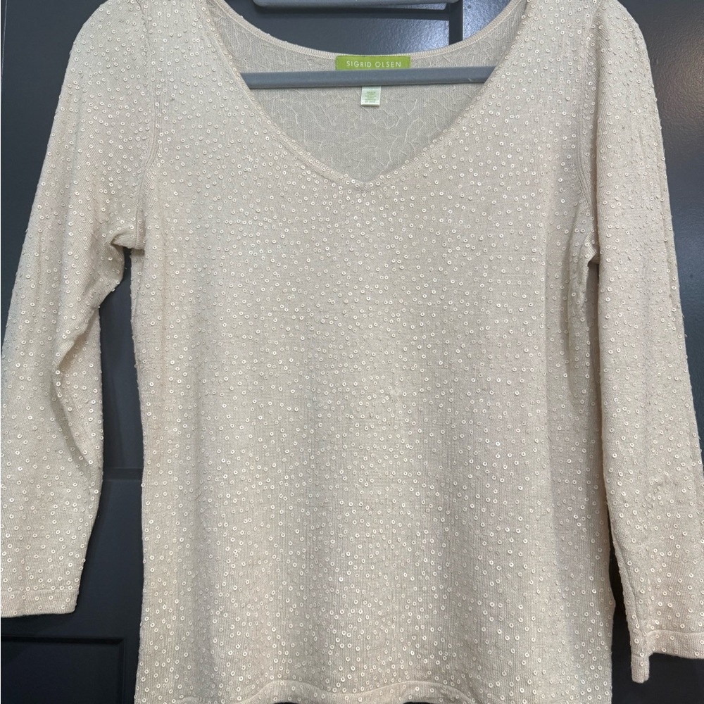 Sigrid Olsen Cream Sequin V-Neck Long Sleeve Sweater
